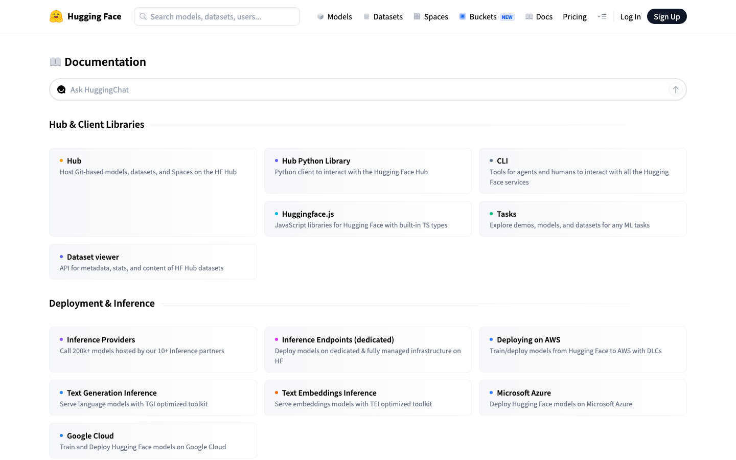 Huggingface — Docs - The layout prioritizes discoverability of various AI models and tools. A dark, high-density design with a focus on clear typography and functional elements creates a sense of focused utility.  ·  ai model hub, machine learning tools, dark saas, developer platform, model repository, hugging face, ai community