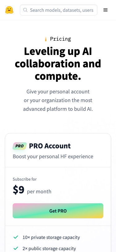 Huggingface — Pricing - mobile