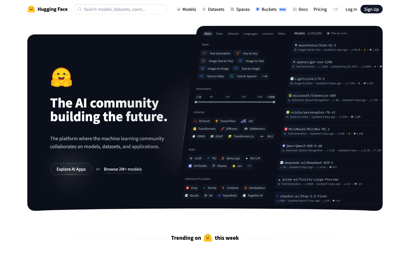 Huggingface - The layout prioritizes discoverability of various AI models and tools. A dark, high-density design with a focus on clear typography and functional elements creates a sense of focused utility.  ·  ai model hub, machine learning tools, dark saas, developer platform, model repository, hugging face, ai community