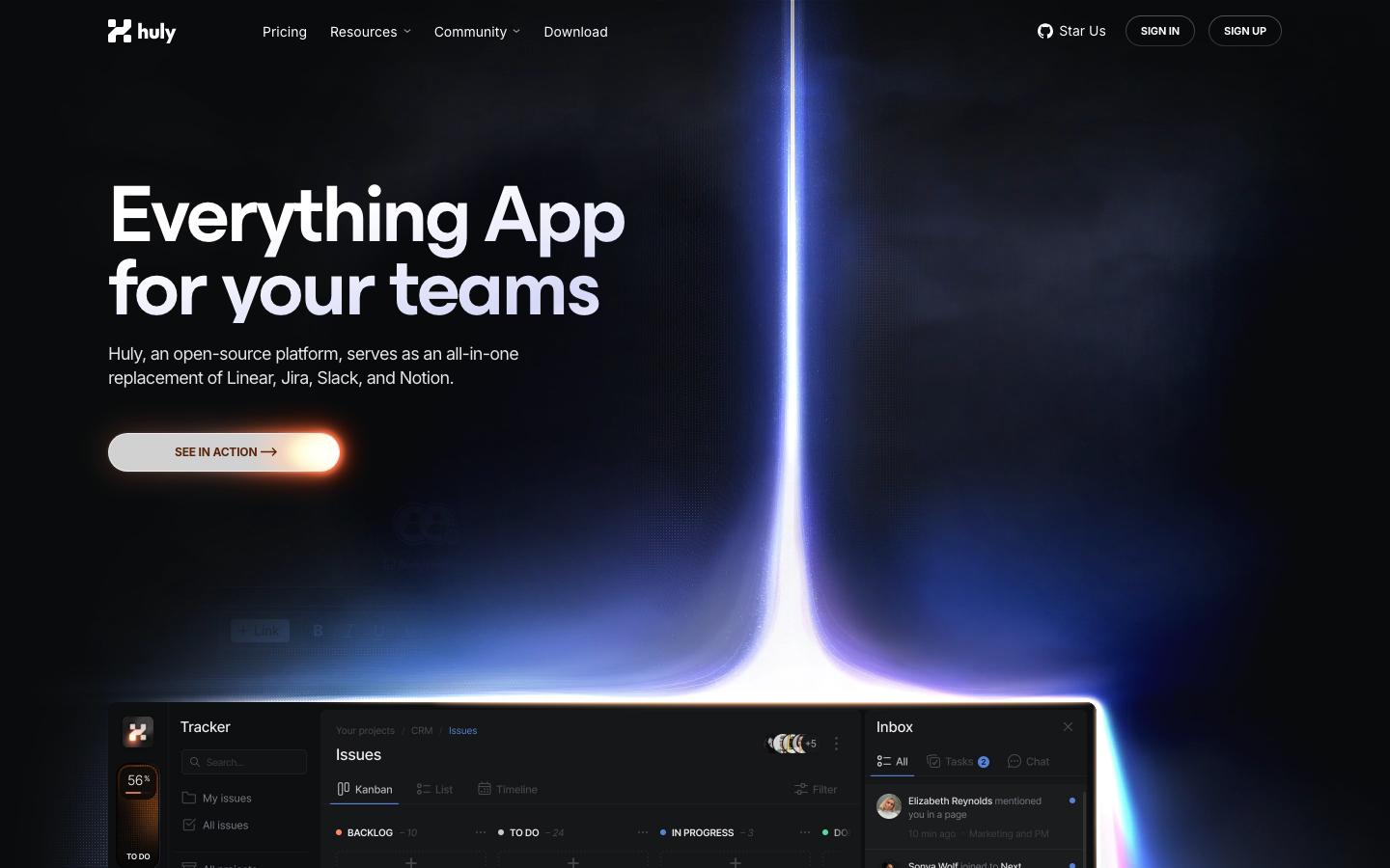 Huly, an open-source platform, serves as an all-in-one replacement of Linear, Jira, Slack, and Notion. · minimalism, dark-mode, monochrome, futurist, saas, developer-tools, agency, hero-with-cta, logo-cloud, feature-trio, sticky-nav