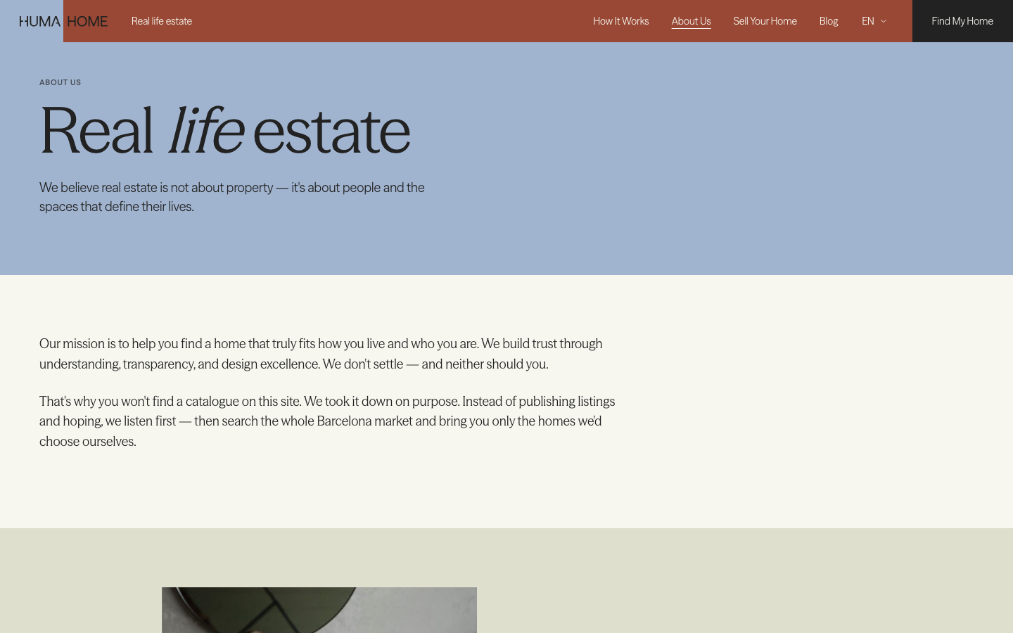 HUMAHOME · About - A muted, airy layout featuring a soft blue hero section with high-contrast serif typography. The design prioritizes whitespace and a clean, editorial reading experience.  ·  minimalist real estate, editorial about page, muted pastel palette, serif display type, airy layout