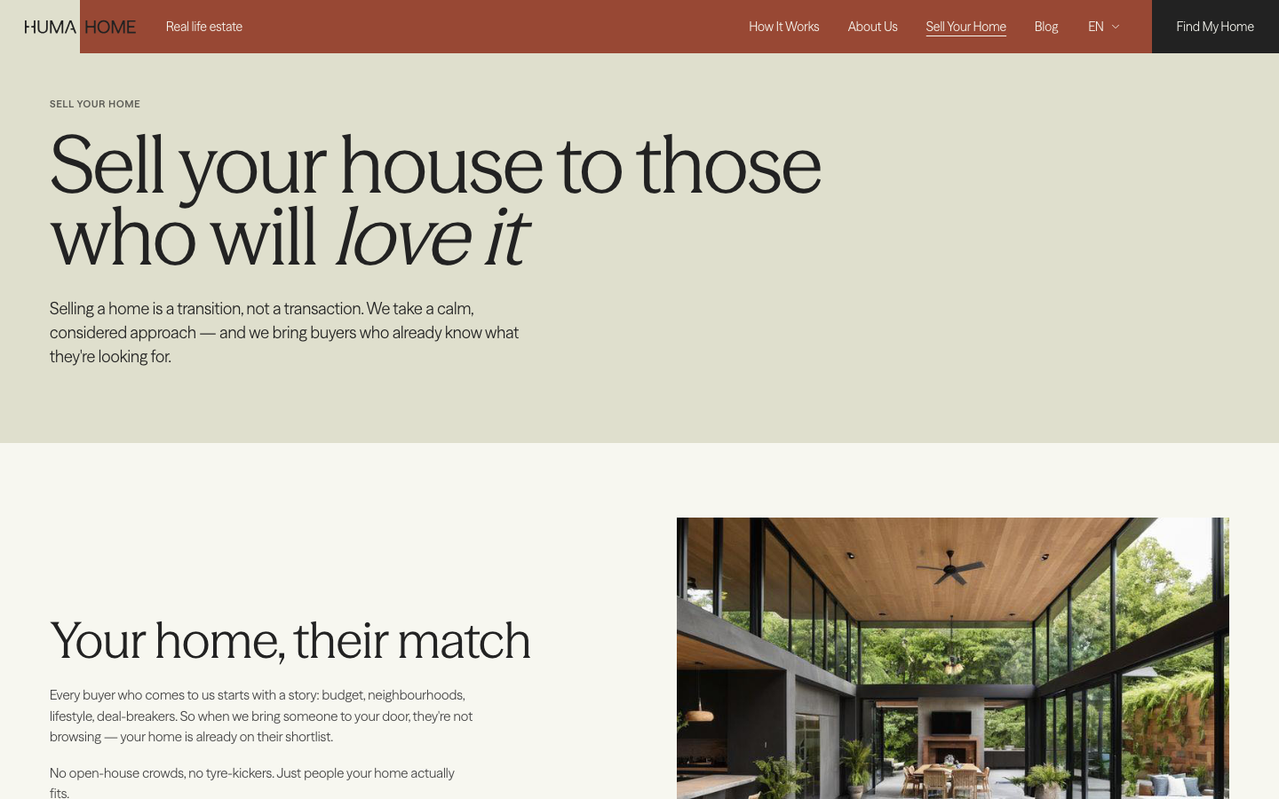 High-contrast serif typography paired with a muted sage green hero section. The layout uses a sophisticated diptych approach, alternating large-scale text with architectural photography. · editorial real estate, luxury architecture layout, serif typography hero, muted earth tones, minimalist property site