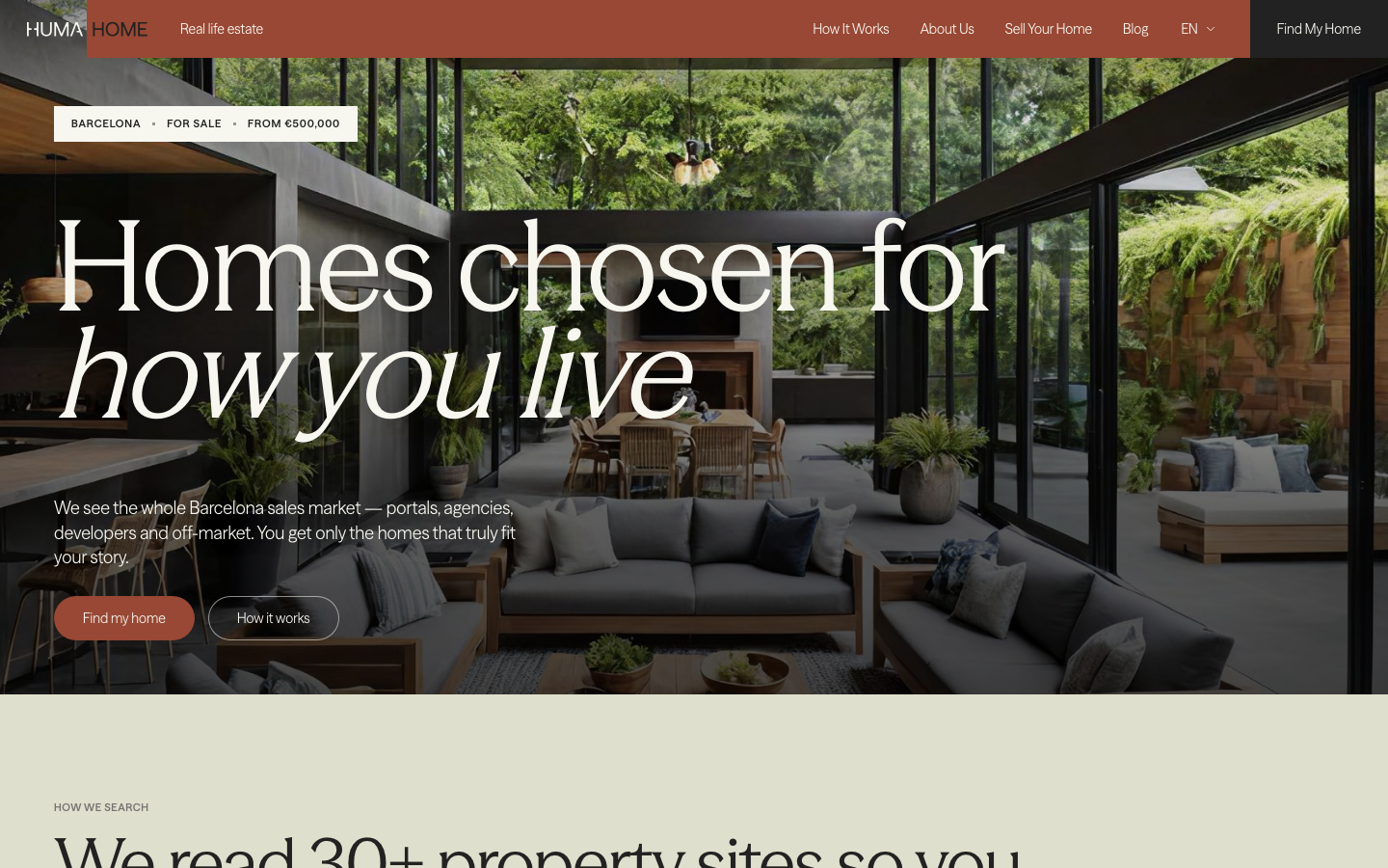 High-contrast pairing of a bold serif and elegant script typeface overlaid on a full-bleed architectural photograph. The palette uses muted earth tones and a sophisticated, spacious layout. · luxury real estate hero, editorial serif typography, architectural photography web, high-end property landing page, muted earth tones design