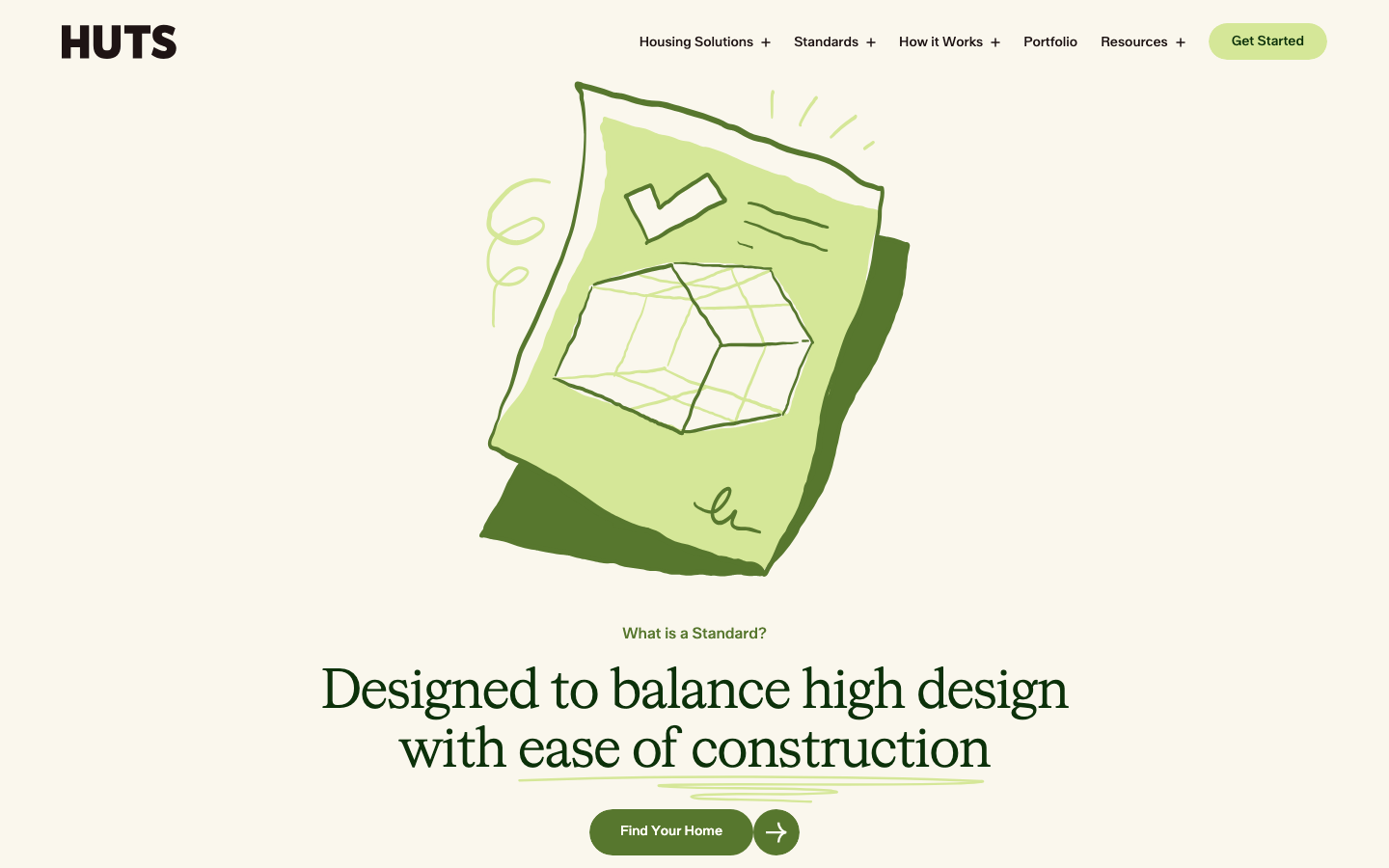 A soft, cream-toned layout featuring a hand-drawn architectural illustration and elegant serif typography. The design balances organic sketch elements with a structured, centered typographic hierarchy. · architecture hero, editorial serif, earthy tones, hand-drawn illustration, minimalist construction site