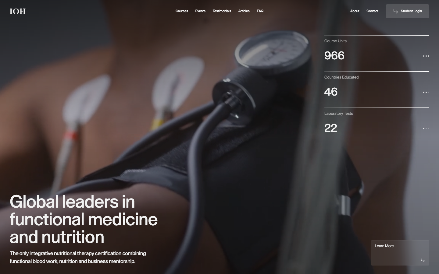 Institute of Health - Master functional blood work, advanced lab testing, and business mentorship. Join health leaders in functional medicine and nutrition education.  ·  minimalism, swiss, monochrome, health, education, non-profit, hero-fullbleed, stat-strip, sticky-nav, logo-cloud