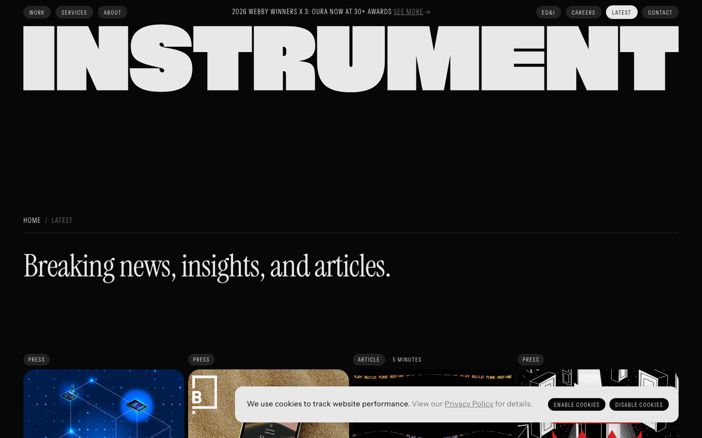 The page uses a stark black and neon yellow palette, with a central video dominating the viewport. The layout is clean and minimal, emphasizing the video content and the brand's name. Typography is bold and impactful, contributing to a technical, almost terminal-like feel. · dark agency portfolio, neon black website, video landing page, technical design, minimalist agency, instrument website, brutalism portfolio, developer tools design