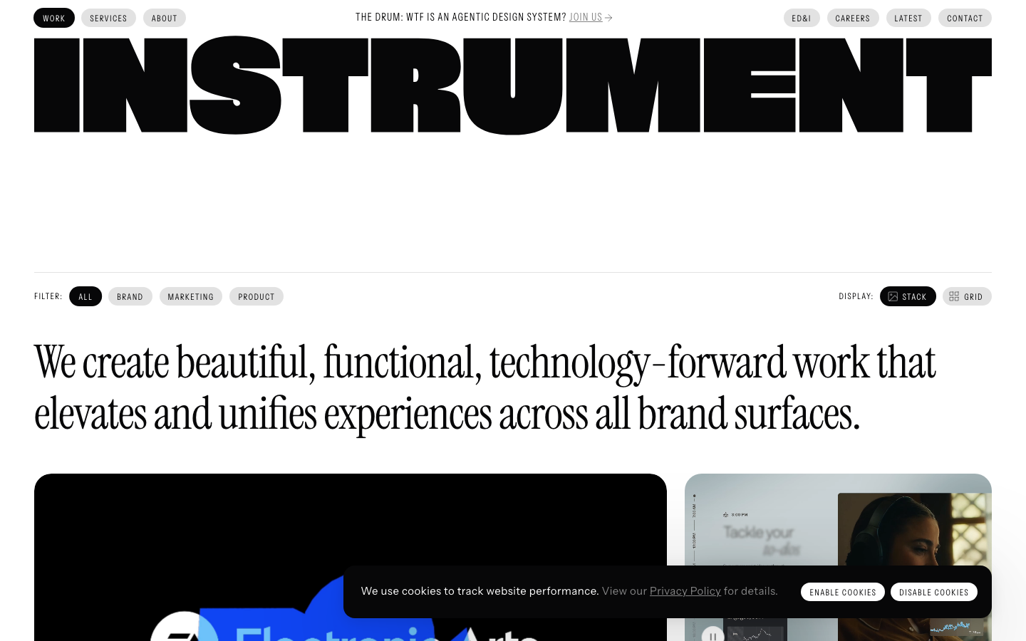 The page uses a stark black and neon yellow palette, with a central video dominating the viewport. The layout is clean and minimal, emphasizing the video content and the brand's name. Typography is bold and impactful, contributing to a technical, almost terminal-like feel.  ·  dark agency portfolio, neon black website, video landing page, technical design, minimalist agency, instrument website, brutalism portfolio, developer tools design