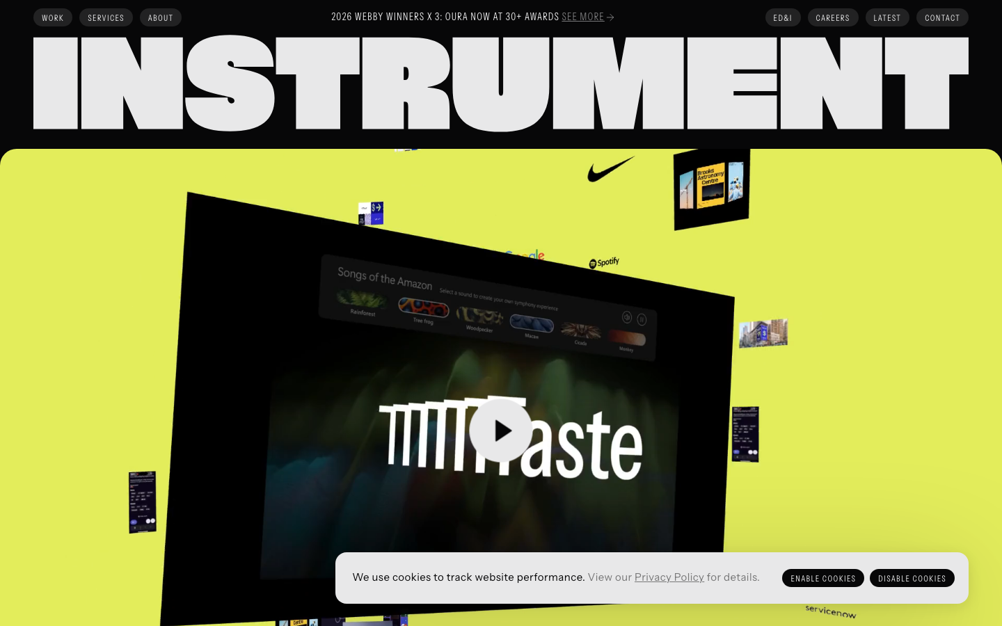 The page uses a stark black and neon yellow palette, with a central video dominating the viewport. The layout is clean and minimal, emphasizing the video content and the brand's name. Typography is bold and impactful, contributing to a technical, almost terminal-like feel. · dark agency portfolio, neon black website, video landing page, technical design, minimalist agency, instrument website, brutalism portfolio, developer tools design