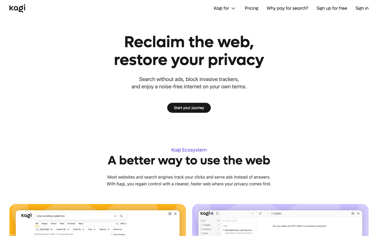 The page uses a clean, spacious layout with a focus on clarity. Typography is straightforward and legible, with ample negative space creating a sense of calm and professionalism. The color palette is predominantly white and muted grays, reinforcing a technical and trustworthy feel. · privacy focused saas, minimalist web design, search engine alternative, dark mode saas, tech website, clean interface, ai search, browser privacy