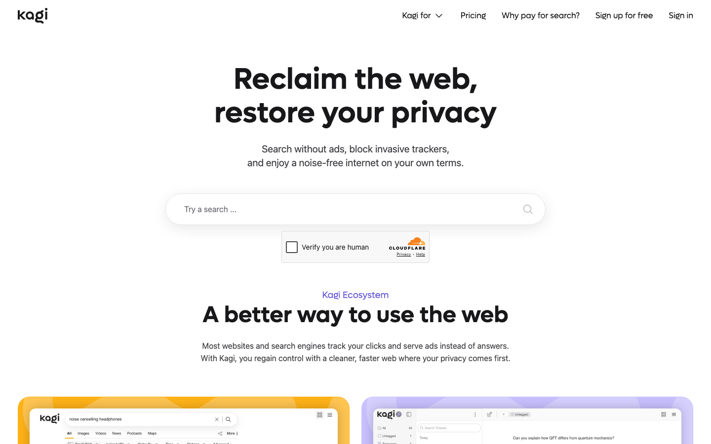 The page uses a clean, spacious layout with a focus on clarity. Typography is straightforward and legible, with ample negative space creating a sense of calm and professionalism. The color palette is predominantly white and muted grays, reinforcing a technical and trustworthy feel. · privacy focused saas, minimalist web design, search engine alternative, dark mode saas, tech website, clean interface, ai search, browser privacy