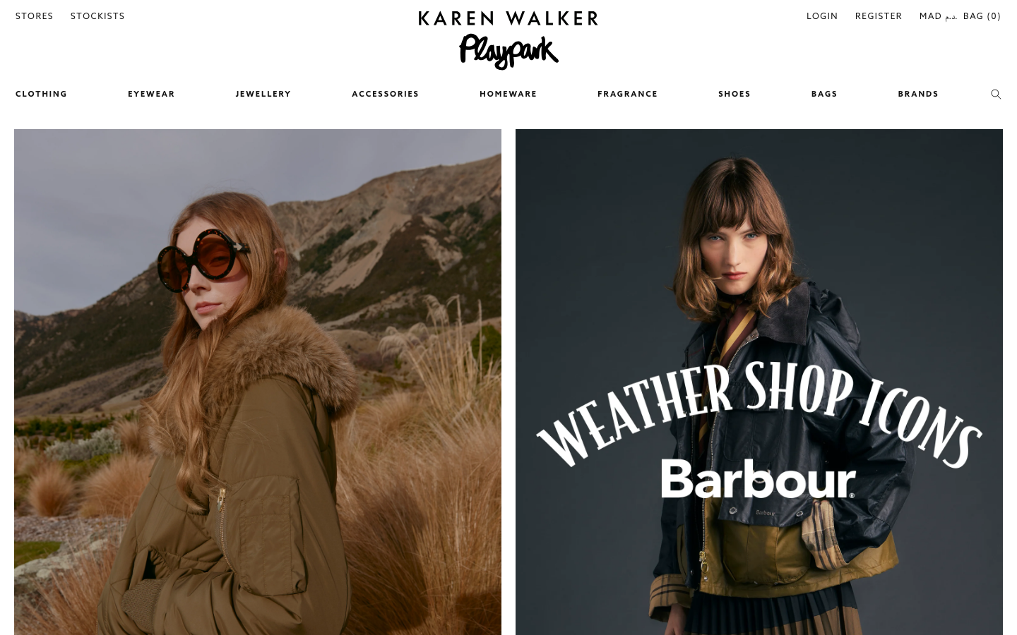 The page presents two distinct visuals, a model in a rugged landscape and another in a studio setting. The composition is clean, with ample negative space and a focus on the subjects and clothing. The overall feel is sophisticated and understated. · fashion editorial, luxury ecommerce, model campaign, clothing brand, split screen, minimalist fashion, vintage style, womenswear, karen walker