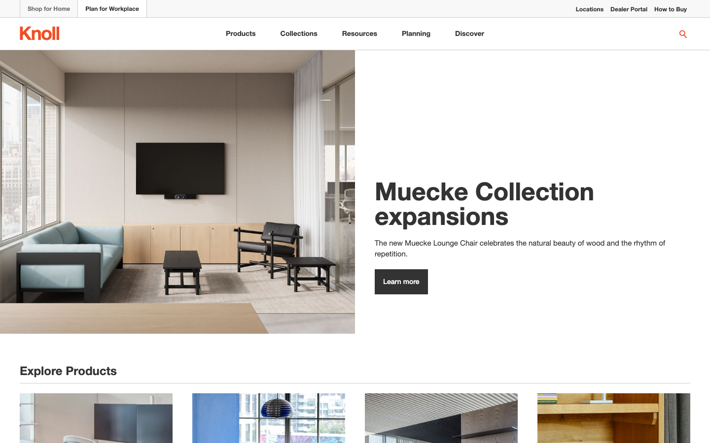 The page presents two distinct scenes, each a carefully composed photograph showcasing Knoll furniture in residential and office settings. The muted color palette and clean typography contribute to a sophisticated, understated feel. · knoll furniture, office design, home office, modern furniture, interior design, workspace, living room, furniture showroom