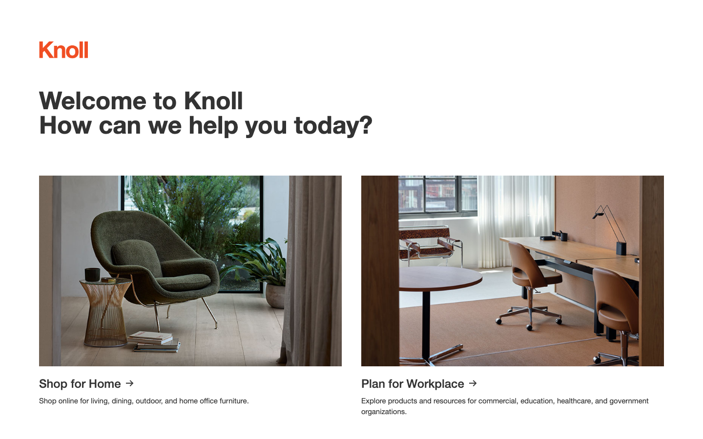 The page presents two distinct scenes, each a carefully composed photograph showcasing Knoll furniture in residential and office settings. The muted color palette and clean typography contribute to a sophisticated, understated feel. · knoll furniture, office design, home office, modern furniture, interior design, workspace, living room, furniture showroom