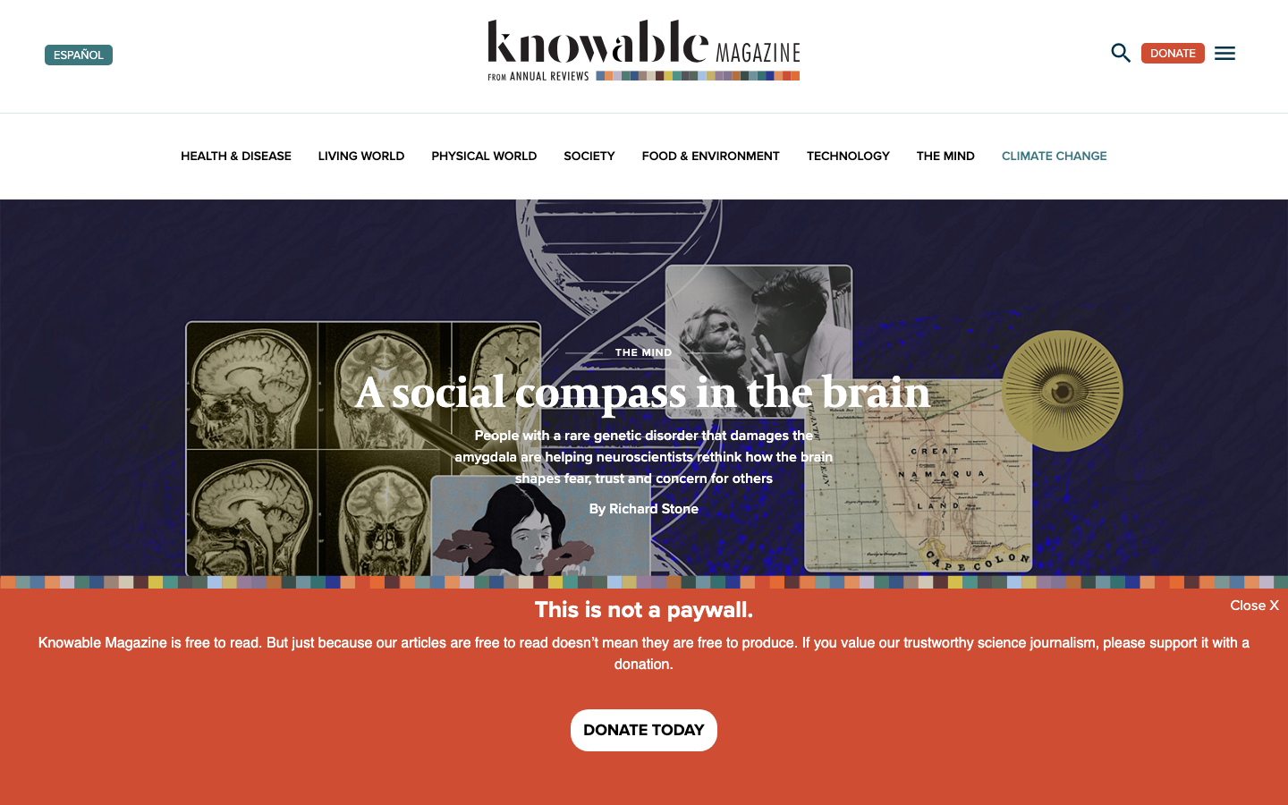 The page uses a striking photographic hero image overlaid with text, creating a sense of intellectual depth. The muted color palette and ample negative space contribute to a sophisticated, scholarly feel. · science magazine, brain research, cognitive science, knowable magazine, editorial design, dark website, minimalist layout, scientific illustration