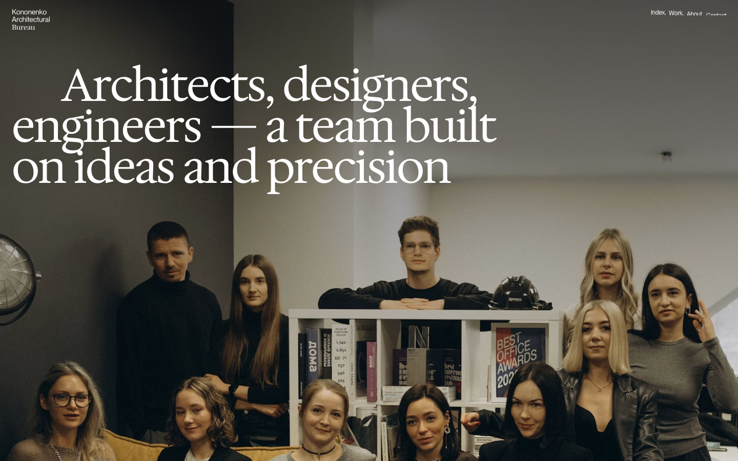 High-contrast editorial layout featuring a large serif headline overlaid on a muted, desaturated team portrait. The composition relies on generous negative space and a sophisticated typographic hierarchy. · architecture agency hero, editorial serif typography, muted team portrait, minimalist agency about page, luxury architectural branding