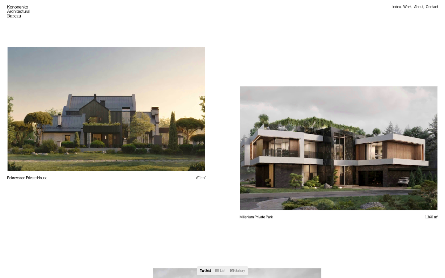 An airy, high-contrast layout utilizing generous white space and a staggered grid of architectural renders. Typography is understated and functional, prioritizing the imagery. · architecture portfolio, minimalist grid, editorial layout, luxury real estate web design, white space gallery