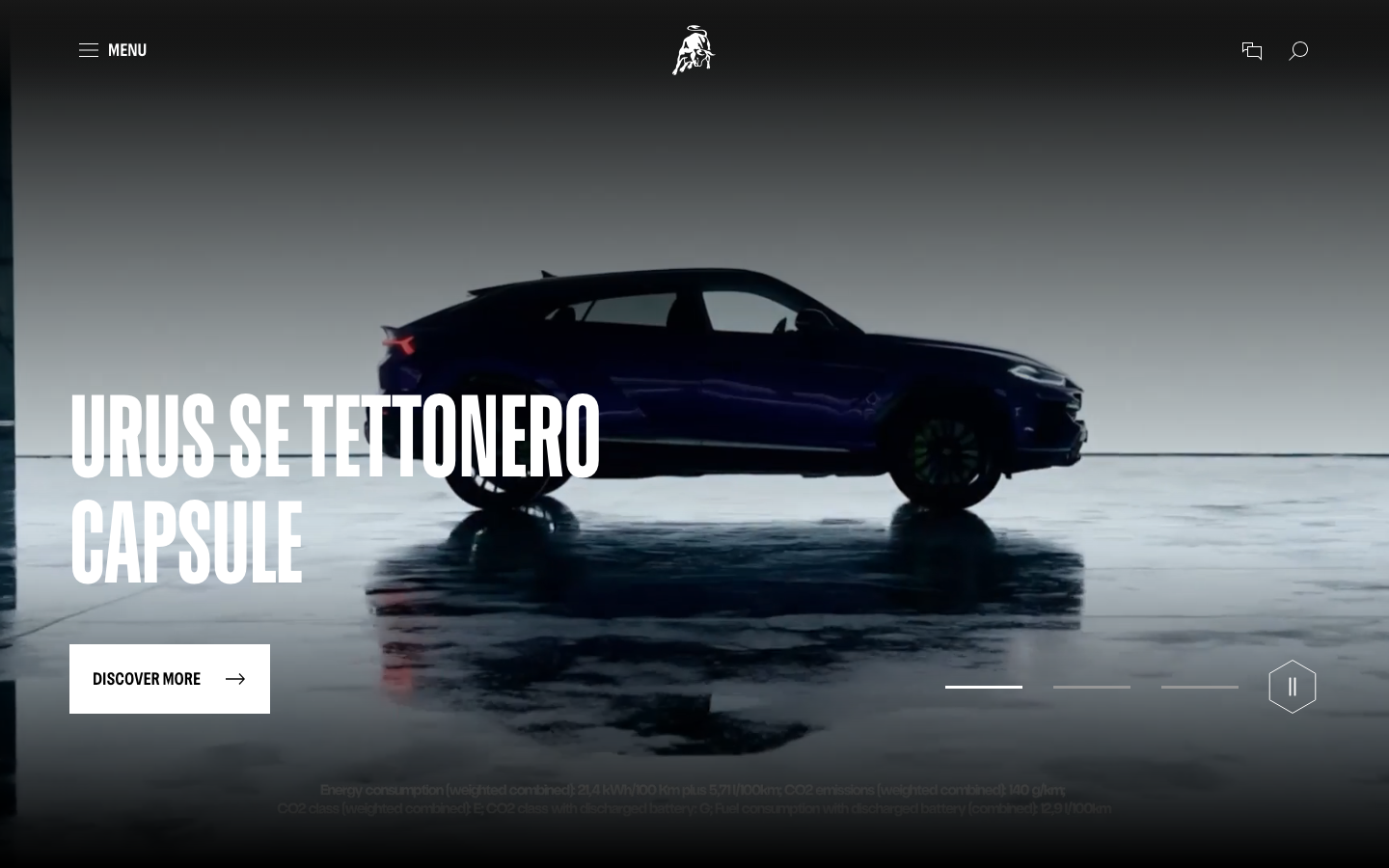 The page uses a dramatic, full-bleed image of the car as a backdrop for bold, sans-serif typography. The overall feel is sleek and sophisticated, emphasizing the vehicle's design and power through stark contrast and limited color. · automotive portfolio, luxury car design, dark website, minimalist car, futuristic design, lamborghini capsule, split screen hero