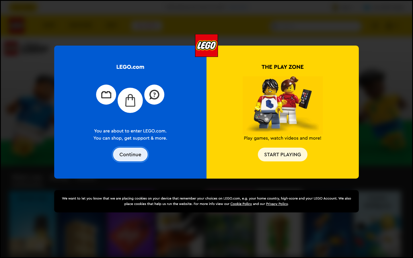 The layout uses a clear division between account login and a playful invitation to explore the LEGO universe. The color palette is bright and inviting, employing a limited range of primary colors to create a friendly, approachable feel. · lego login, lego play zone, kids website, family website, colorful interface, children's site, account access