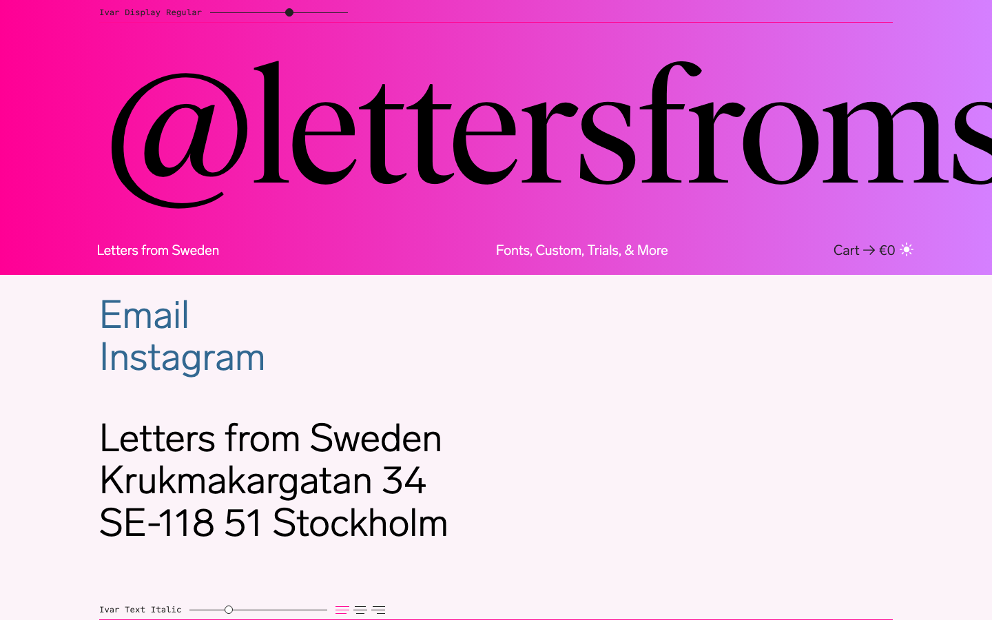 The page prioritizes typographic exploration with a clean, spacious layout. The use of subtle color variations and a restrained palette emphasizes the typeface itself, creating a sophisticated and uncluttered feel. · font showcase, typography design, lettering studio, typeface display, minimalist typography, editorial design, font samples, letterforms, sweden fonts, type design