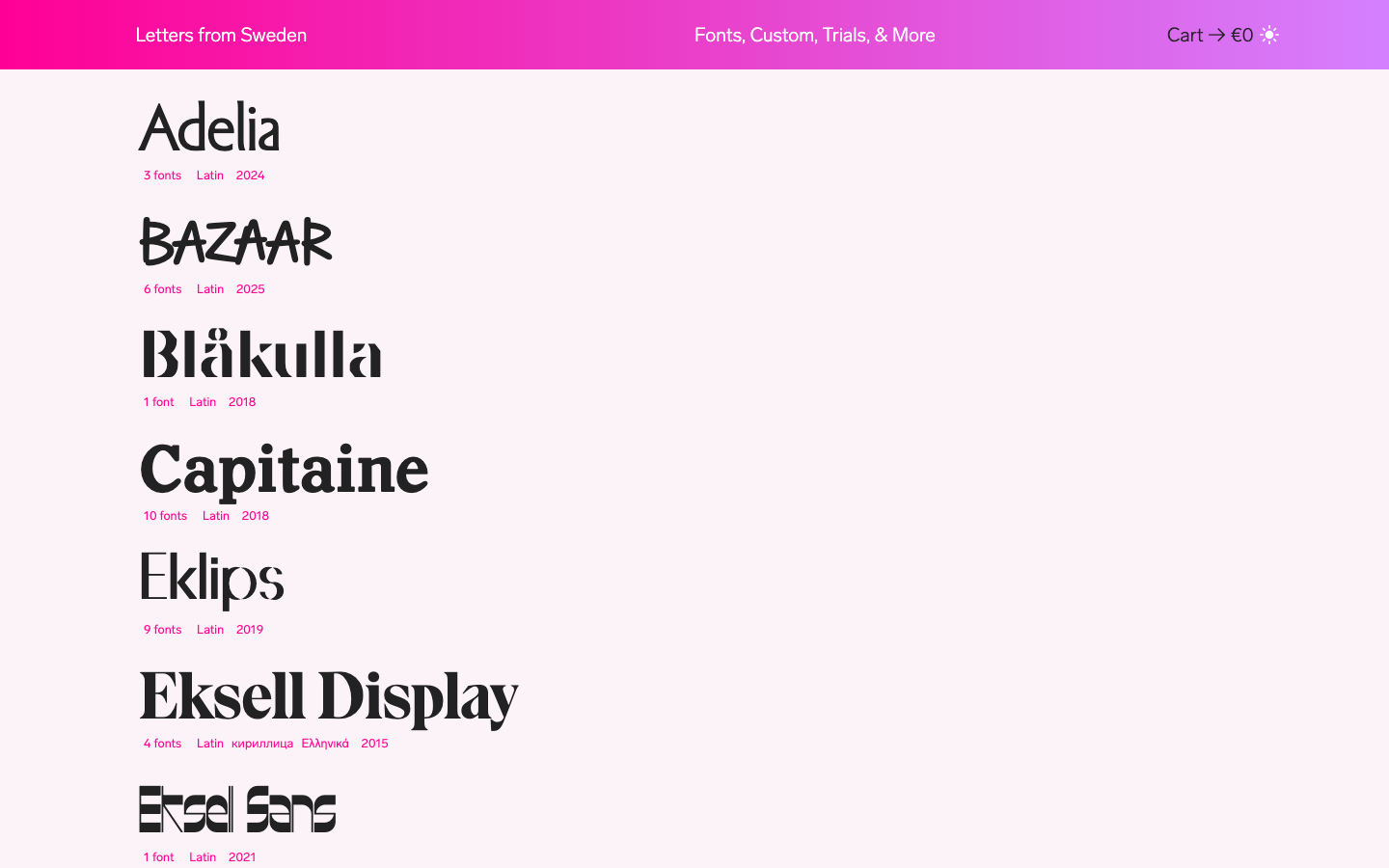 The page prioritizes typographic exploration with a clean, spacious layout. The use of subtle color variations and a restrained palette emphasizes the typeface itself, creating a sophisticated and uncluttered feel. · font showcase, typography design, lettering studio, typeface display, minimalist typography, editorial design, font samples, letterforms, sweden fonts, type design