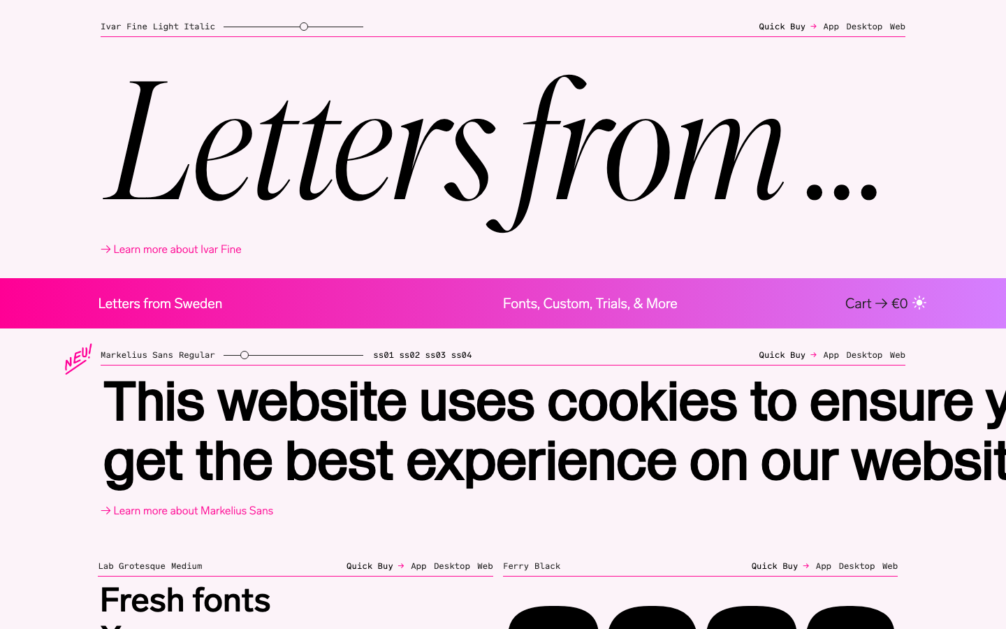 The page prioritizes typographic exploration with a clean, spacious layout. The use of subtle color variations and a restrained palette emphasizes the typeface itself, creating a sophisticated and uncluttered feel. · font showcase, typography design, lettering studio, typeface display, minimalist typography, editorial design, font samples, letterforms, sweden fonts, type design