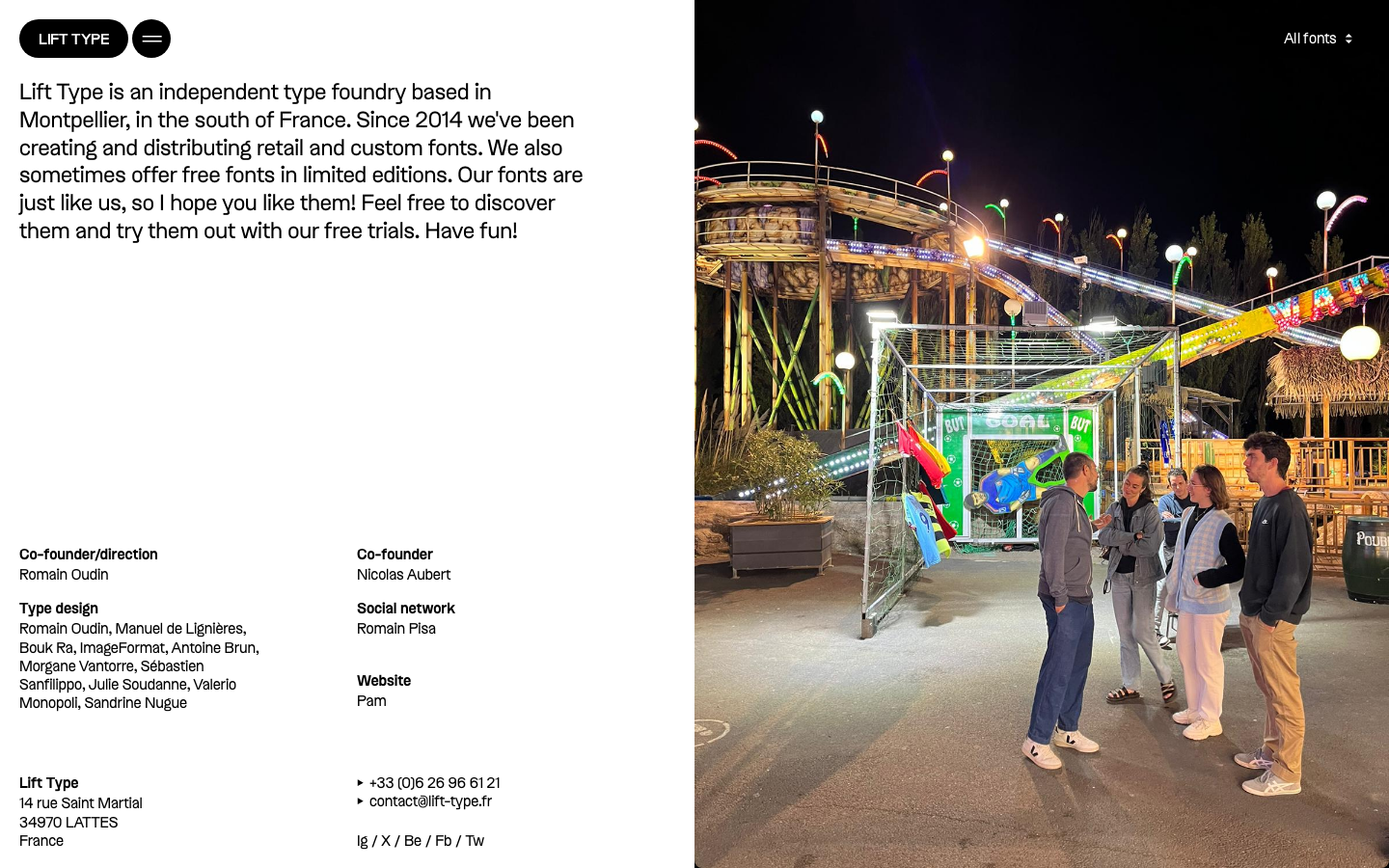 A stark, asymmetric split layout pairing high-density typographic blocks on a neutral grey background with a full-bleed candid photograph. · type foundry about page, split screen layout, editorial typography, minimalist foundry site, asymmetric grid