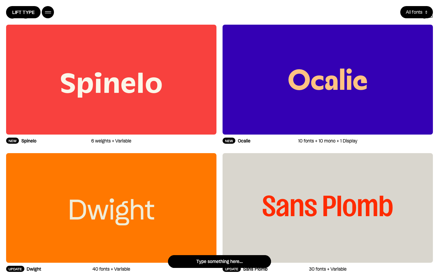 Lift Type · Typefaces - A high-contrast grid of saturated color blocks serving as specimen previews. The layout is strictly functional, prioritizing typeface legibility and weight counts over decorative elements.  ·  type foundry index, saturated color grid, swiss style typography, font specimen catalogue, minimalist typeface list