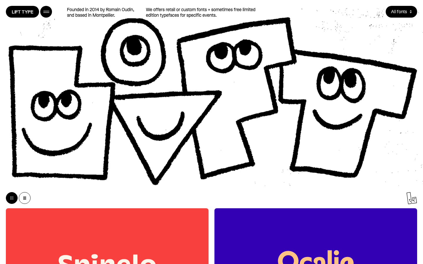 High-contrast layout featuring hand-drawn, chunky character illustrations in the hero section. The design balances a stark white background with saturated primary color blocks below.  ·  type foundry hero, playful brutalism, hand-drawn illustration web, high contrast typography, bold color blocks