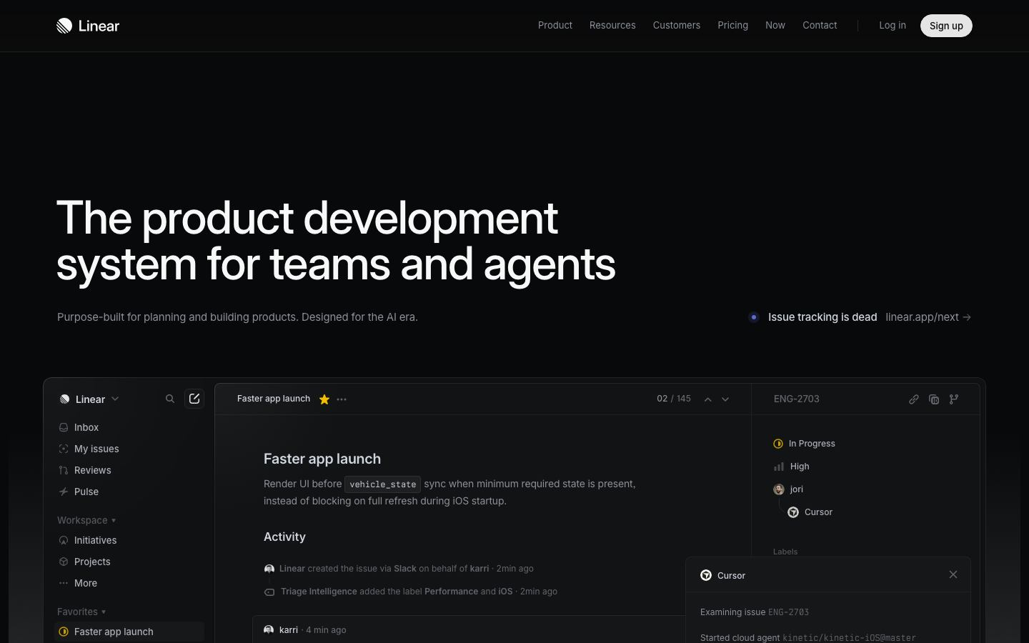 Linear - The page prioritizes clarity and functionality with a stark, dark aesthetic. Typography is clean and functional, emphasizing content hierarchy. The overall mood is focused and efficient, prioritizing usability over visual embellishment.  ·  saas dashboard, developer tools, issue tracker, linear app, dark ui, minimalist dashboard, technical interface, project management, workflow tool, ai development