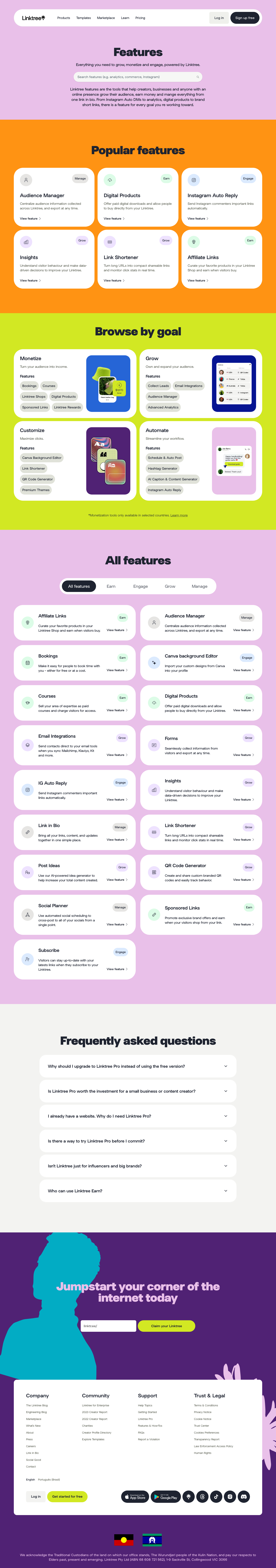 Linktree · Features - full page scroll