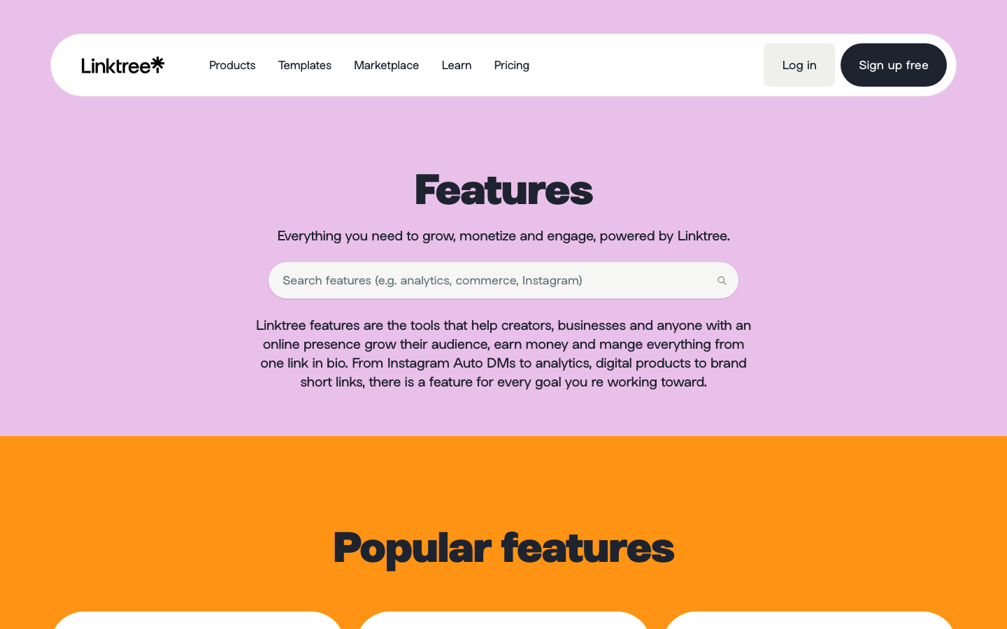 High-contrast color blocking with a soft pastel purple hero transitioning into a saturated orange section. Bold, rounded sans-serif typography creates a friendly, accessible mood. · creator tool landing page, bold color blocking, pastel purple and orange, rounded sans serif typography, playful saas design