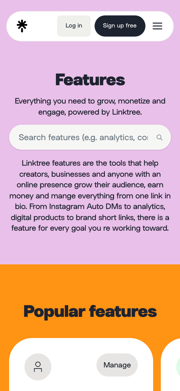 Linktree · Features - mobile
