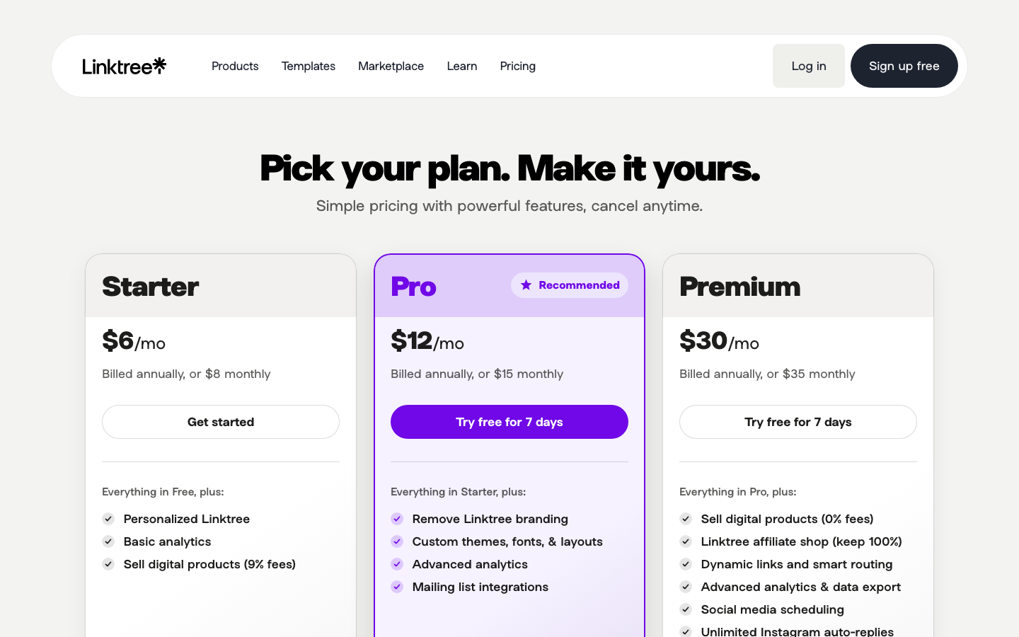 Clean, high-contrast layout featuring rounded corners and a soft pastel purple accent. The typography is a bold, friendly sans-serif that balances professional SaaS utility with creator-focused accessibility. · saas pricing table, creator tool pricing, minimalist pricing cards, pastel purple accent, rounded ui components