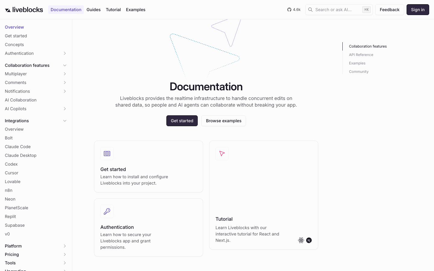 The page prioritizes a clean, dark aesthetic with a strong typographic hierarchy. The hero section uses a bold, impactful headline, while the left sidebar provides persistent navigation. The overall density is moderate, allowing for clear visual separation of elements. · dark saas, developer tools, ai platform, realtime apps, infrastructure, technical design, minimalist saas, code platform, live collaboration