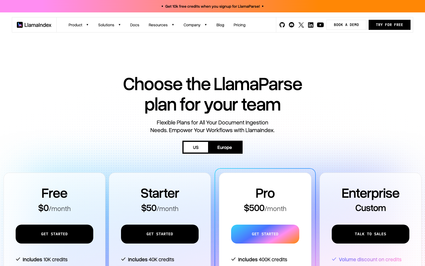 The design prioritizes clarity and functionality with a clean, layered layout. The color palette is a cool gradient, and the typography is straightforward, emphasizing readability over ornamentation. · ai document processing, ocr saas, developer tools, document automation, llamaindex, technical website, minimalist design, cool color palette