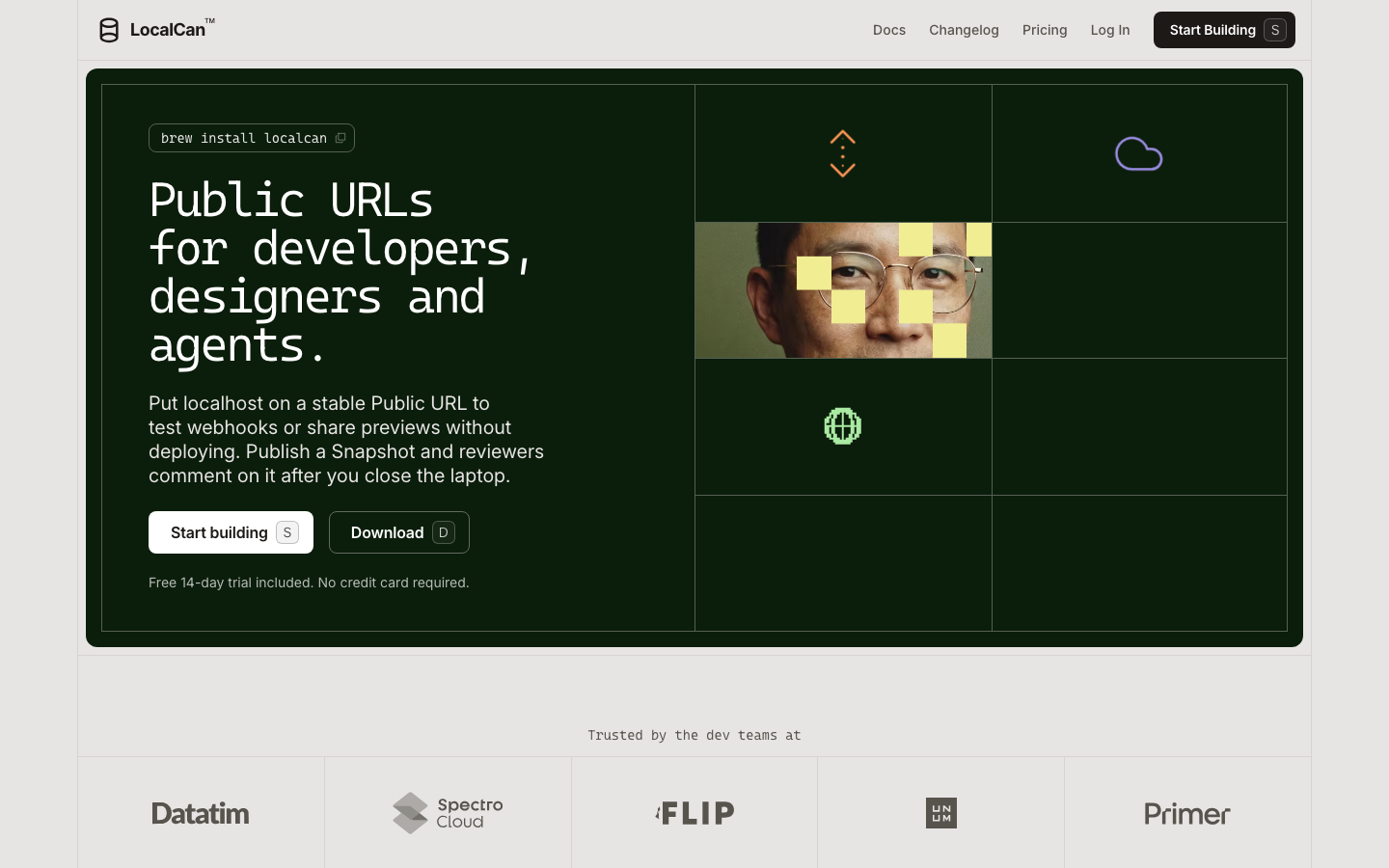 A deep forest green dark mode interface featuring a modular grid hero section. The layout balances a heavy typographic left column with a fragmented visual grid of icons and photography. · dark green saas, developer tool hero, bento grid layout, technical landing page, minimalist dev tools