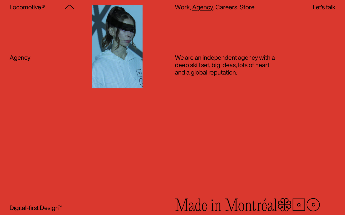 The design prioritizes typographic hierarchy and negative space. The stark contrast and limited color palette create a sense of refined professionalism, emphasizing the agency's design capabilities. · dark agency, minimalist portfolio, typography agency, monochrome design, locomotive design, digital agency, dark website, editorial design