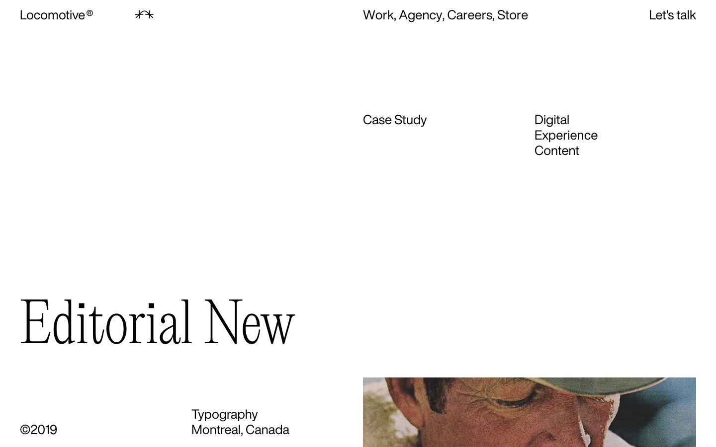 The design prioritizes typographic hierarchy and negative space. The stark contrast and limited color palette create a sense of refined professionalism, emphasizing the agency's design capabilities. · dark agency, minimalist portfolio, typography agency, monochrome design, locomotive design, digital agency, dark website, editorial design