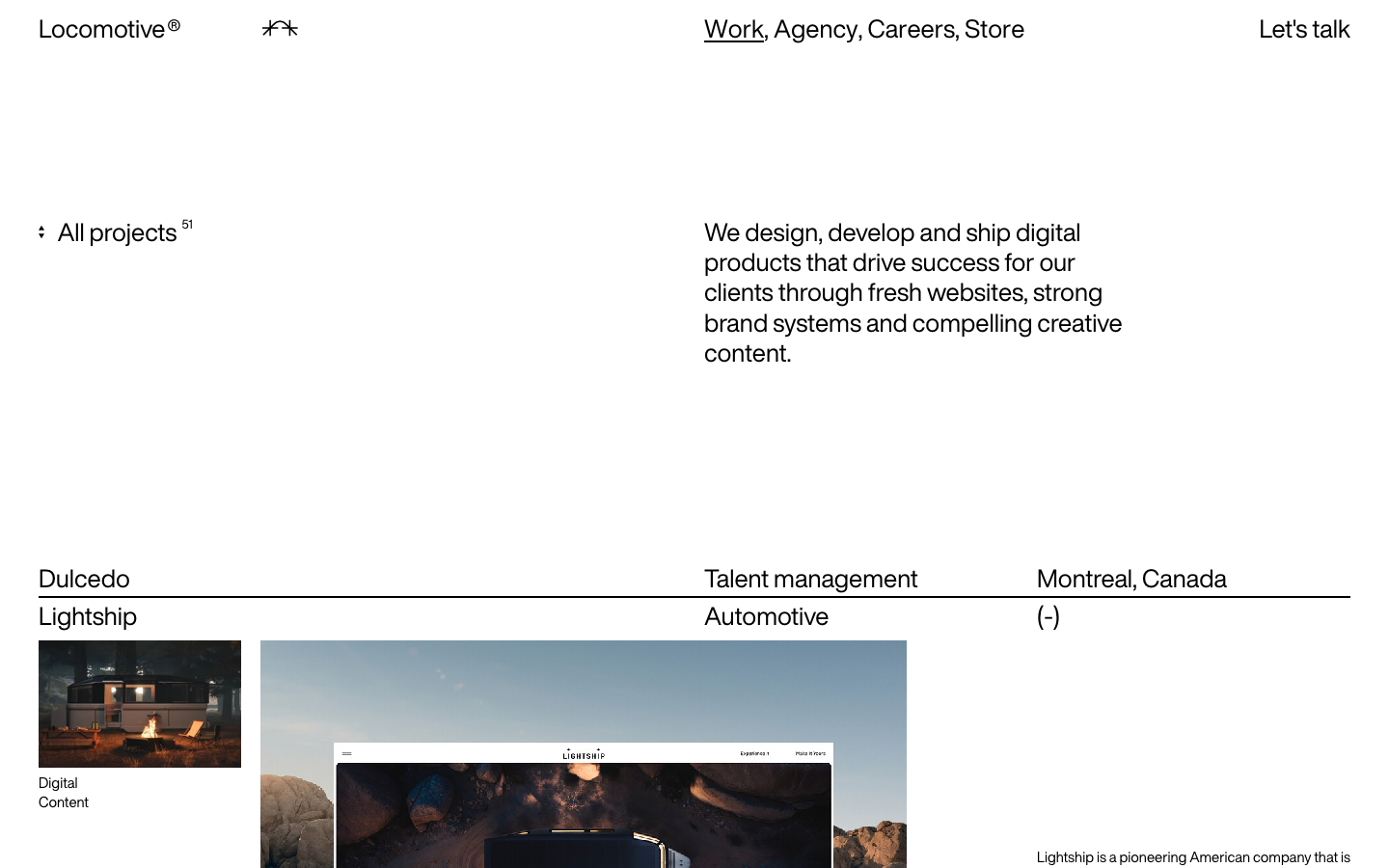 The design prioritizes typographic hierarchy and negative space. The stark contrast and limited color palette create a sense of refined professionalism, emphasizing the agency's design capabilities. · dark agency, minimalist portfolio, typography agency, monochrome design, locomotive design, digital agency, dark website, editorial design