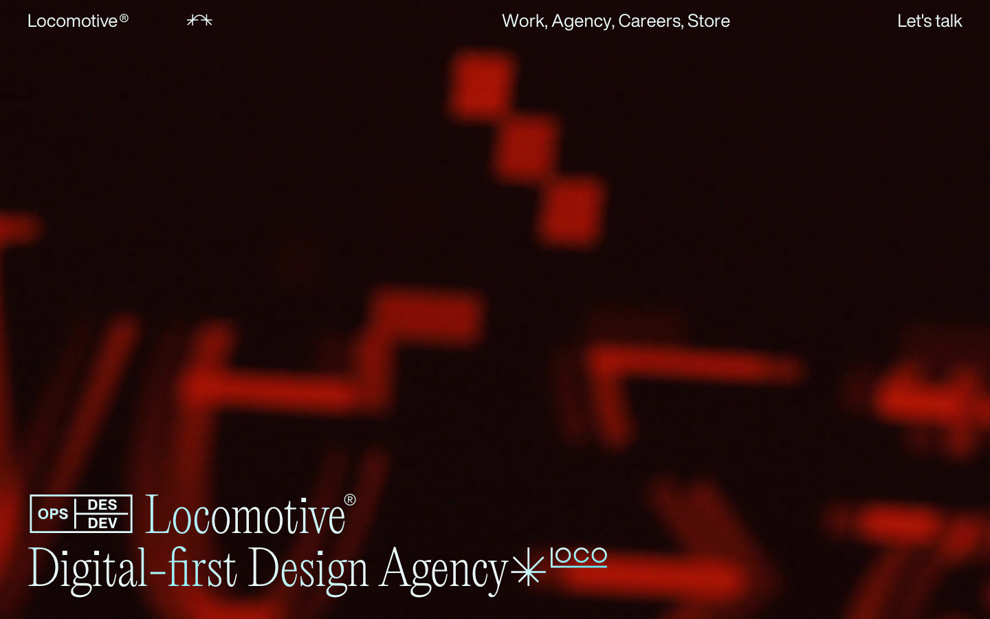 The design prioritizes typographic hierarchy and negative space. The stark contrast and limited color palette create a sense of refined professionalism, emphasizing the agency's design capabilities. · dark agency, minimalist portfolio, typography agency, monochrome design, locomotive design, digital agency, dark website, editorial design