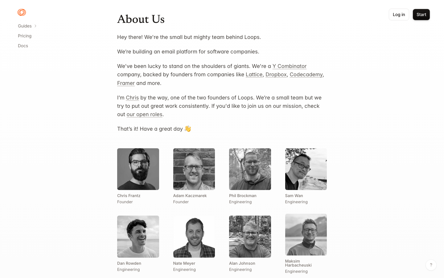 The page uses a clean, spacious layout with ample whitespace and a restrained color palette. Typography is straightforward and legible, prioritizing clarity over ornamentation. The overall mood is professional and efficient. · saas landing page, email marketing platform, minimalist design, technical website, dark theme, developer tools, clean layout, one platform email, loops so, agency website