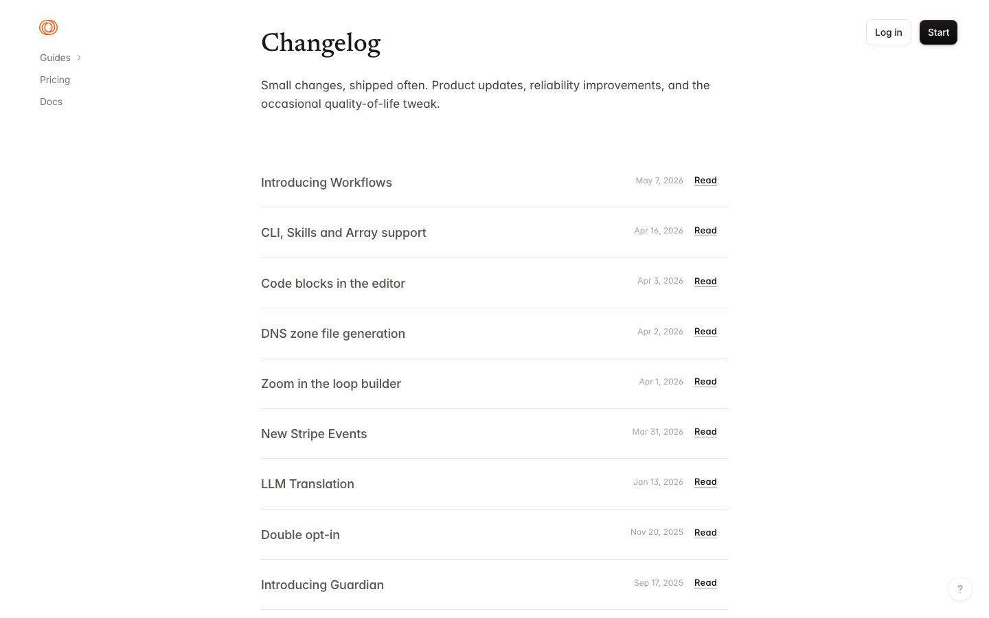 The page uses a clean, spacious layout with ample whitespace and a restrained color palette. Typography is straightforward and legible, prioritizing clarity over ornamentation. The overall mood is professional and efficient. · saas landing page, email marketing platform, minimalist design, technical website, dark theme, developer tools, clean layout, one platform email, loops so, agency website