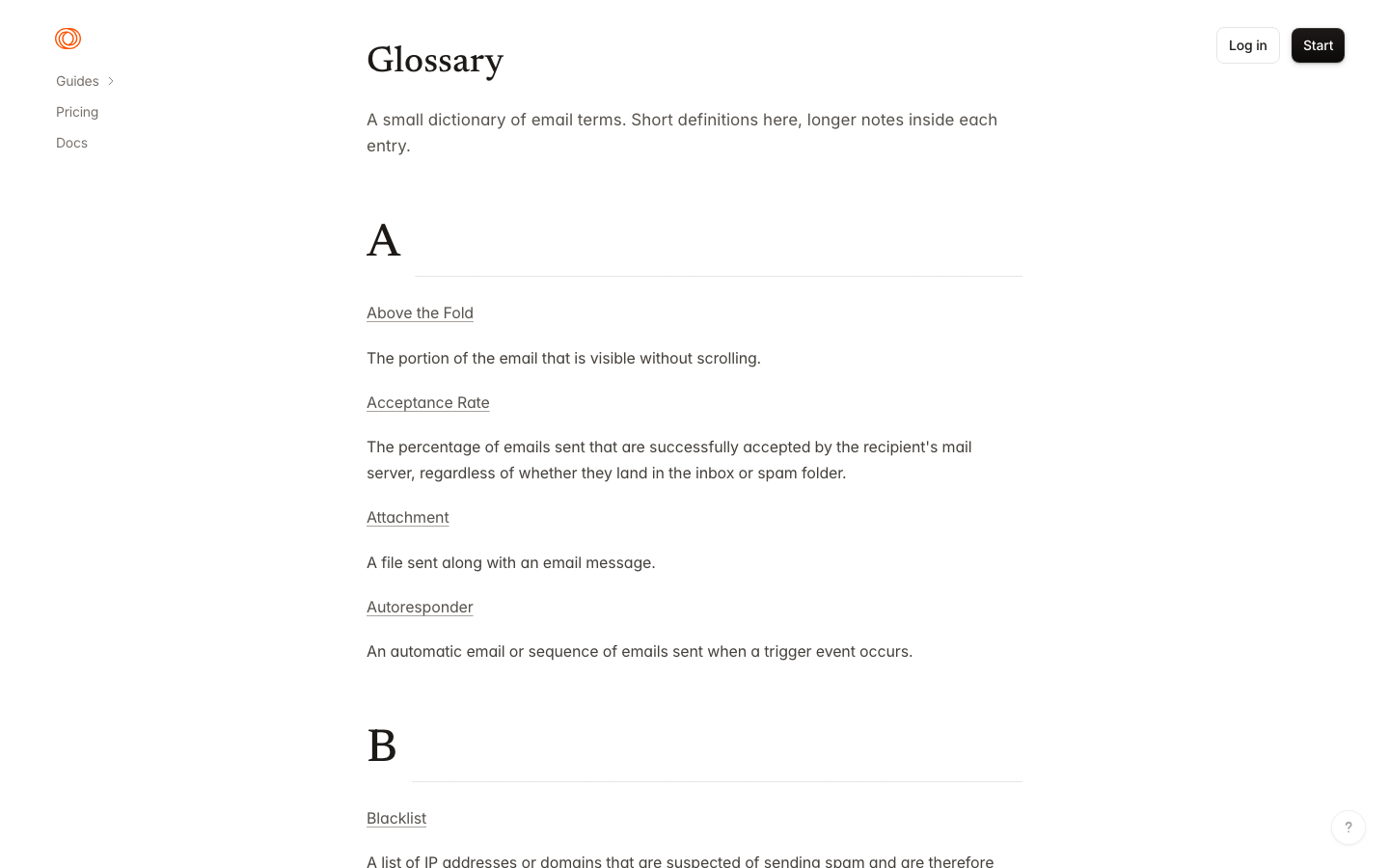 The page uses a clean, spacious layout with ample whitespace and a restrained color palette. Typography is straightforward and legible, prioritizing clarity over ornamentation. The overall mood is professional and efficient. · saas landing page, email marketing platform, minimalist design, technical website, dark theme, developer tools, clean layout, one platform email, loops so, agency website