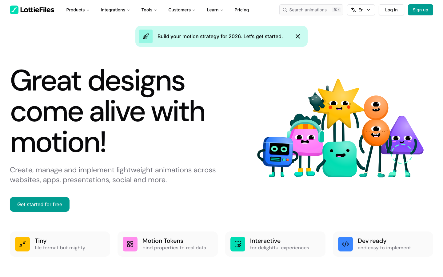 The page uses a clean, airy layout with rounded shapes and bright, friendly illustrations. The color palette is pastel and neon, creating a light and approachable mood. The overall impression is one of playful functionality. · lottie files, animation library, motion design, developer tools, web animations, icon animations, motion graphics, lottie, animation platform, design system