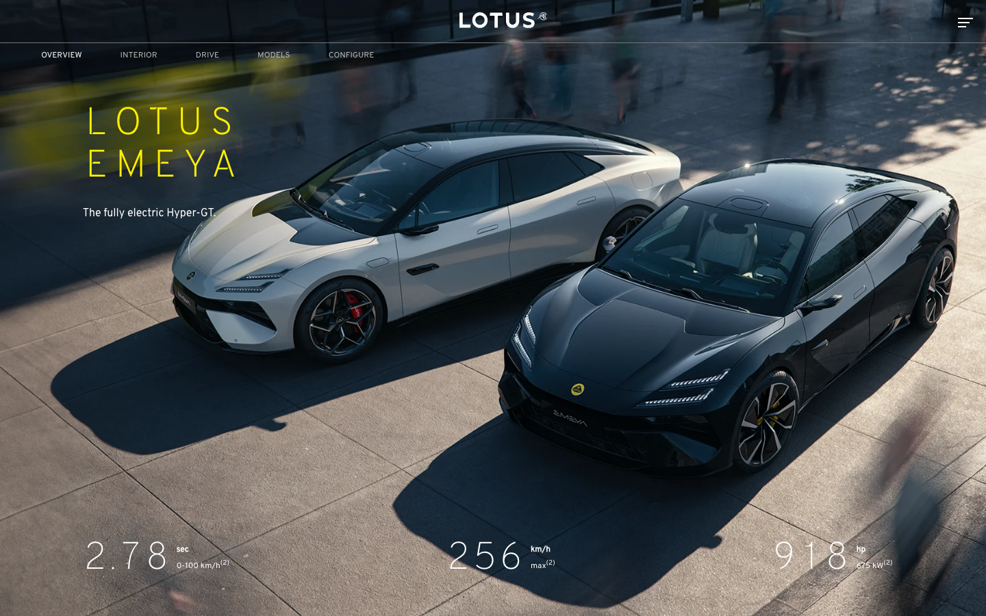 The page uses a stark black background with a wireframe rendering of a car, emphasizing technical precision. Typography is clean and minimal, with a focus on impactful, uppercase lettering. The overall mood is sophisticated and understated. · automotive wireframe, minimalist car design, dark mode portfolio, technical typography, lotus brand identity, modern car illustration, black background design