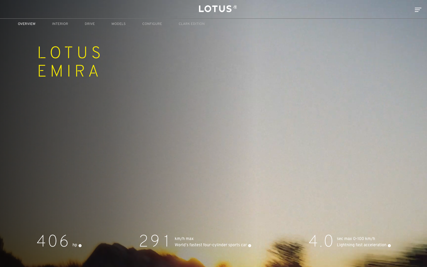 The page uses a stark black background with a wireframe rendering of a car, emphasizing technical precision. Typography is clean and minimal, with a focus on impactful, uppercase lettering. The overall mood is sophisticated and understated. · automotive wireframe, minimalist car design, dark mode portfolio, technical typography, lotus brand identity, modern car illustration, black background design