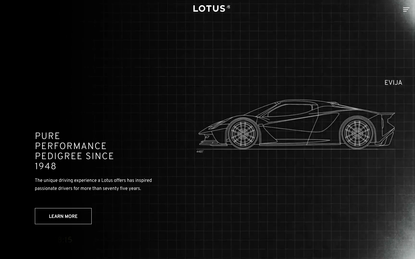 The page uses a stark black background with a wireframe rendering of a car, emphasizing technical precision. Typography is clean and minimal, with a focus on impactful, uppercase lettering. The overall mood is sophisticated and understated. · automotive wireframe, minimalist car design, dark mode portfolio, technical typography, lotus brand identity, modern car illustration, black background design