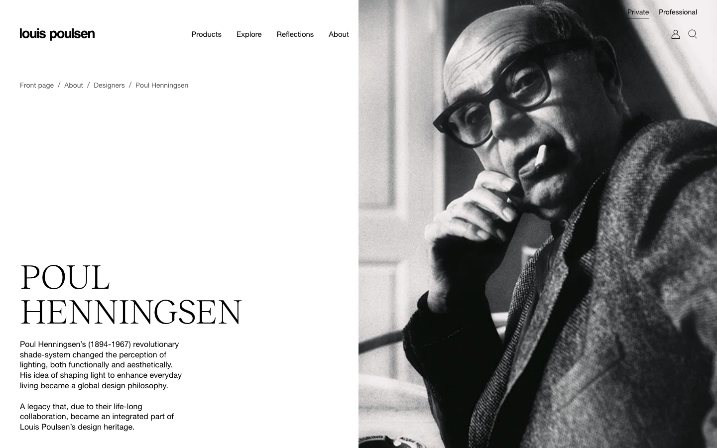 Louispoulsen - The hero image establishes a serene atmosphere with a focus on the product's context. Clean typography and ample negative space contribute to a sophisticated, understated feel. The overall impression is one of quiet luxury and refined design.  ·  lighting portfolio, minimalist lighting, luxury lighting, editorial website, brand showcase, louis poulsen, warm lighting, product launch