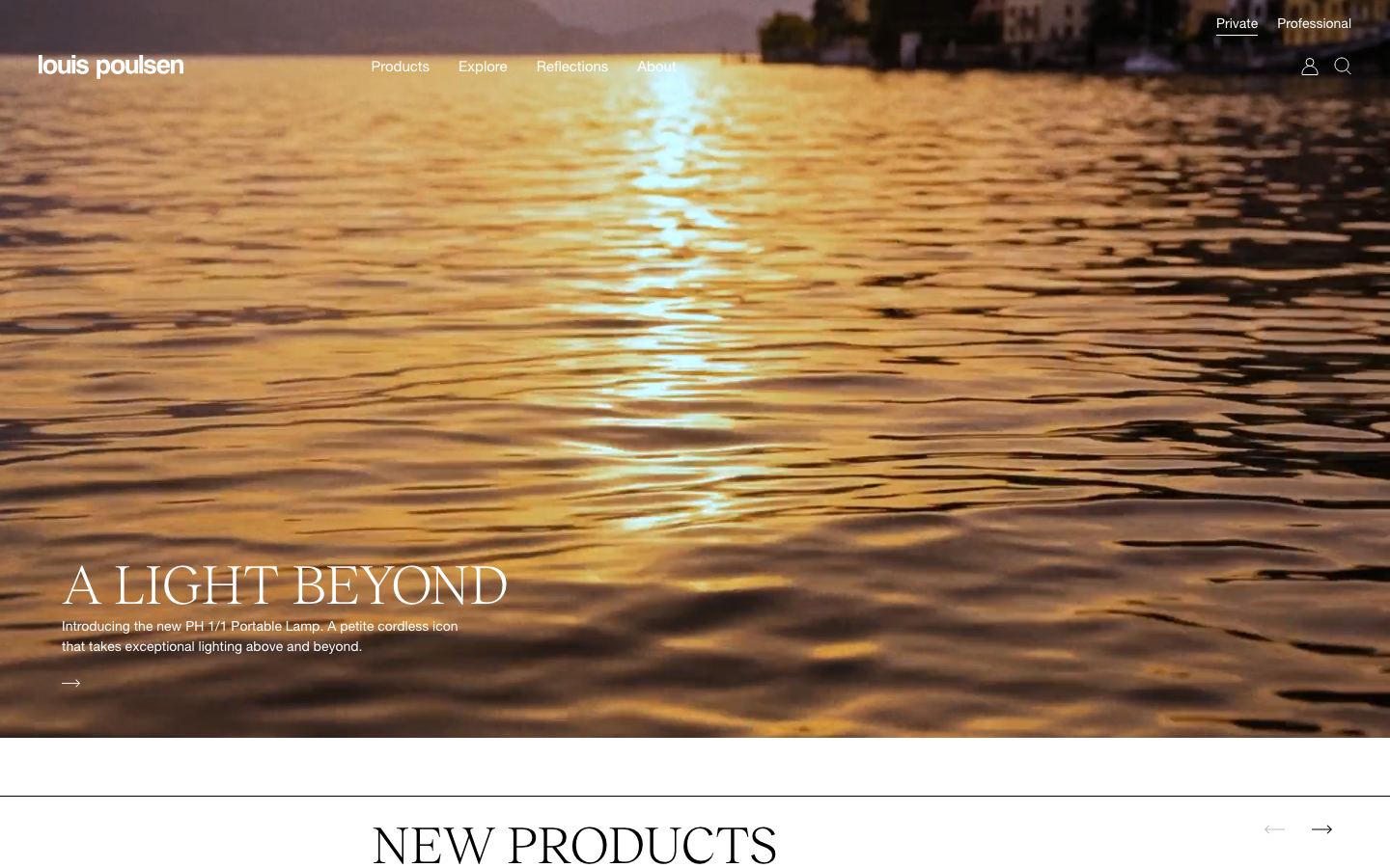 The hero image establishes a serene atmosphere with a focus on the product's context. Clean typography and ample negative space contribute to a sophisticated, understated feel. The overall impression is one of quiet luxury and refined design. · lighting portfolio, minimalist lighting, luxury lighting, editorial website, brand showcase, louis poulsen, warm lighting, product launch