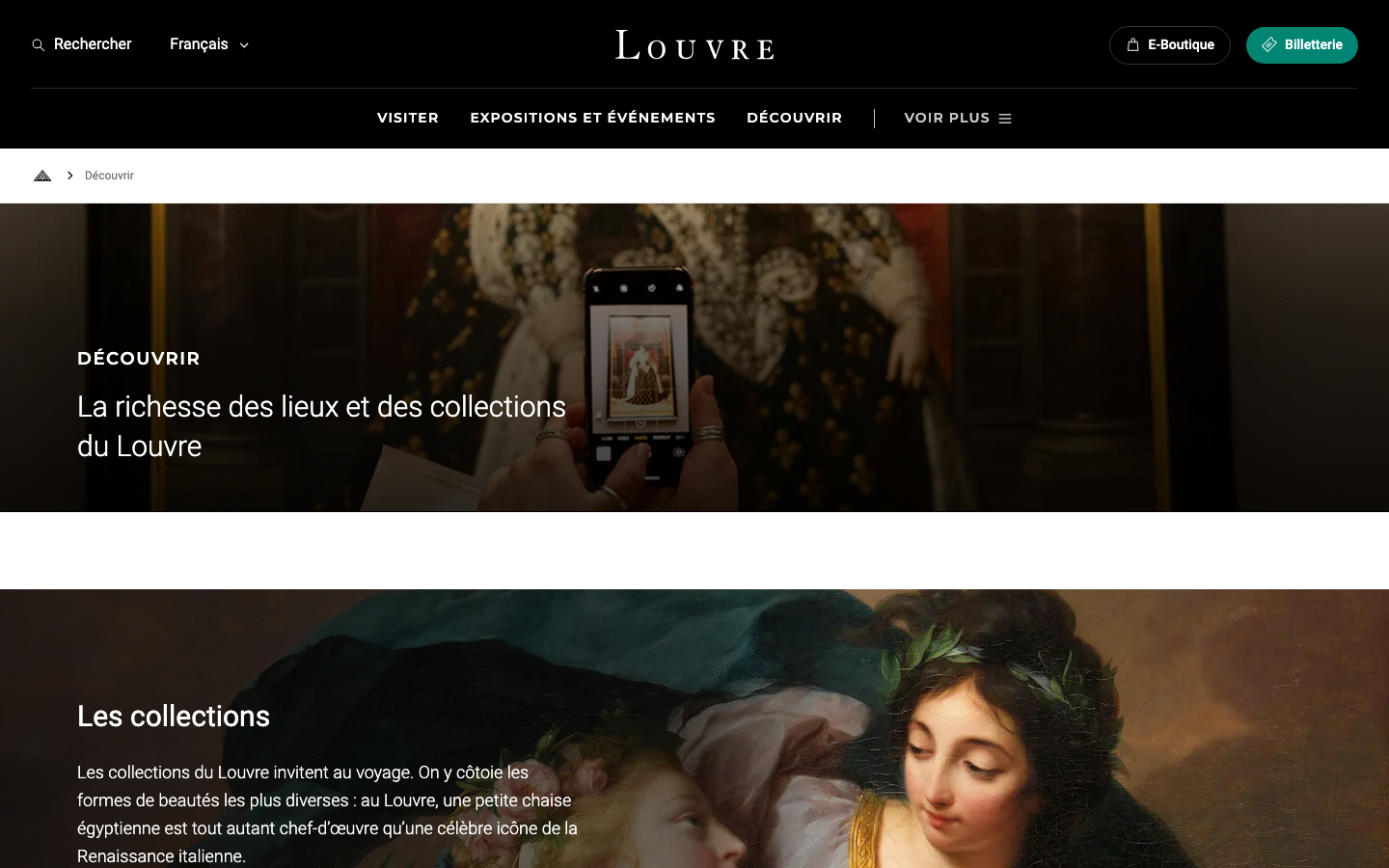 The page uses a full-bleed image to establish a sense of grandeur and history. Clean typography and ample white space create a refined, uncluttered feel, prioritizing the visual experience of the architecture itself. · museum website, art institution, cultural heritage, historical architecture, minimalist design, editorial website, france tourism, louvre visit, art gallery, cultural site